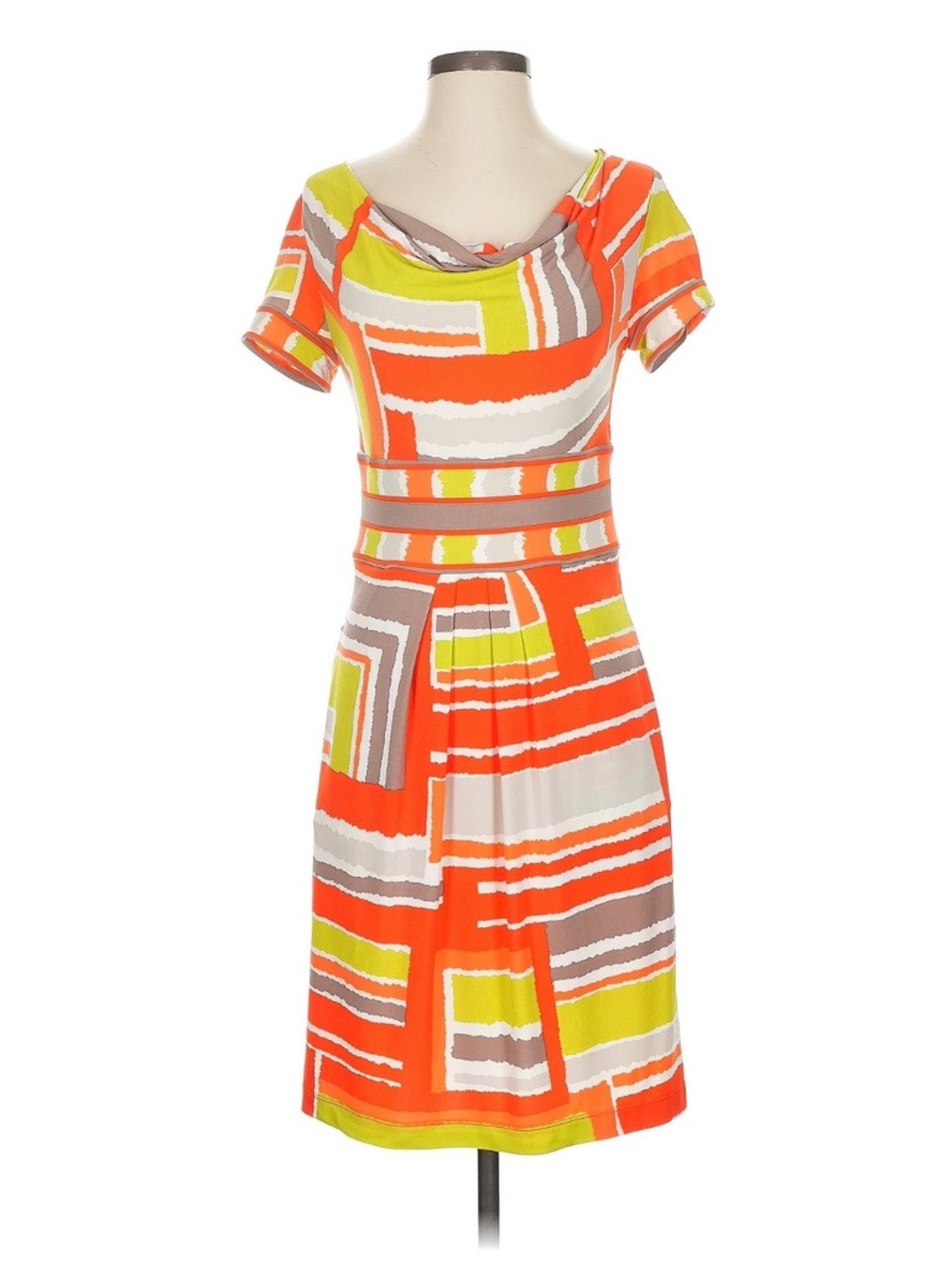 BCBGMaxAzria Orange, Lime & Taupe Geometric Midi Dress XS